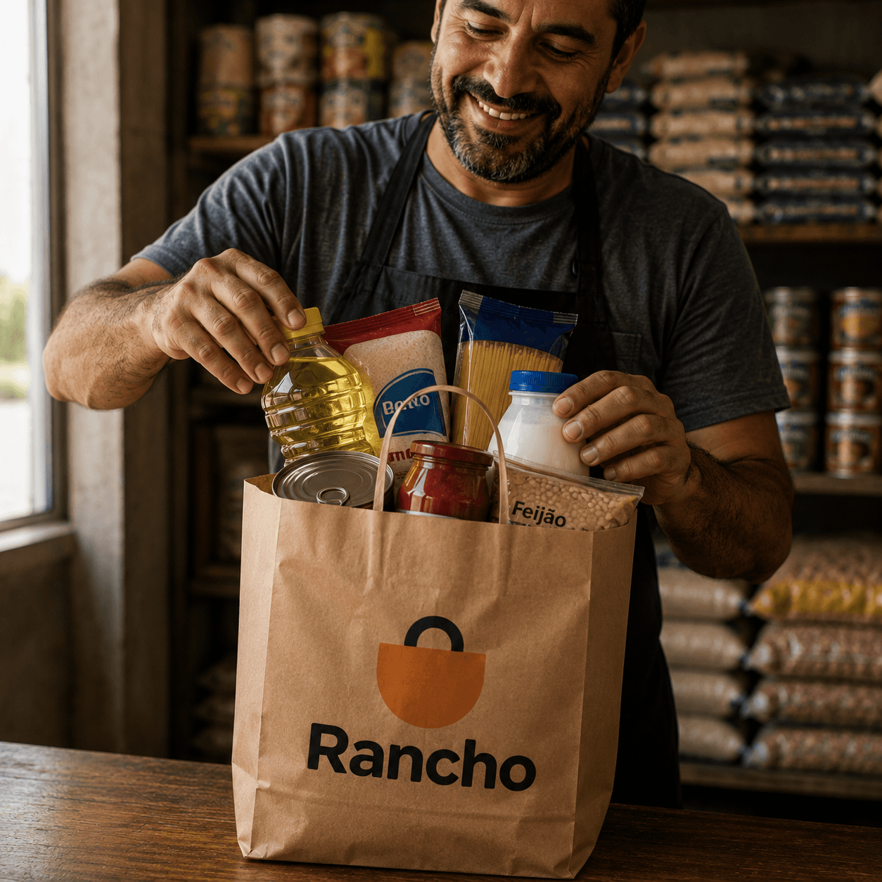 Dono de mercadinho parceiro Rancho preparando um pedido