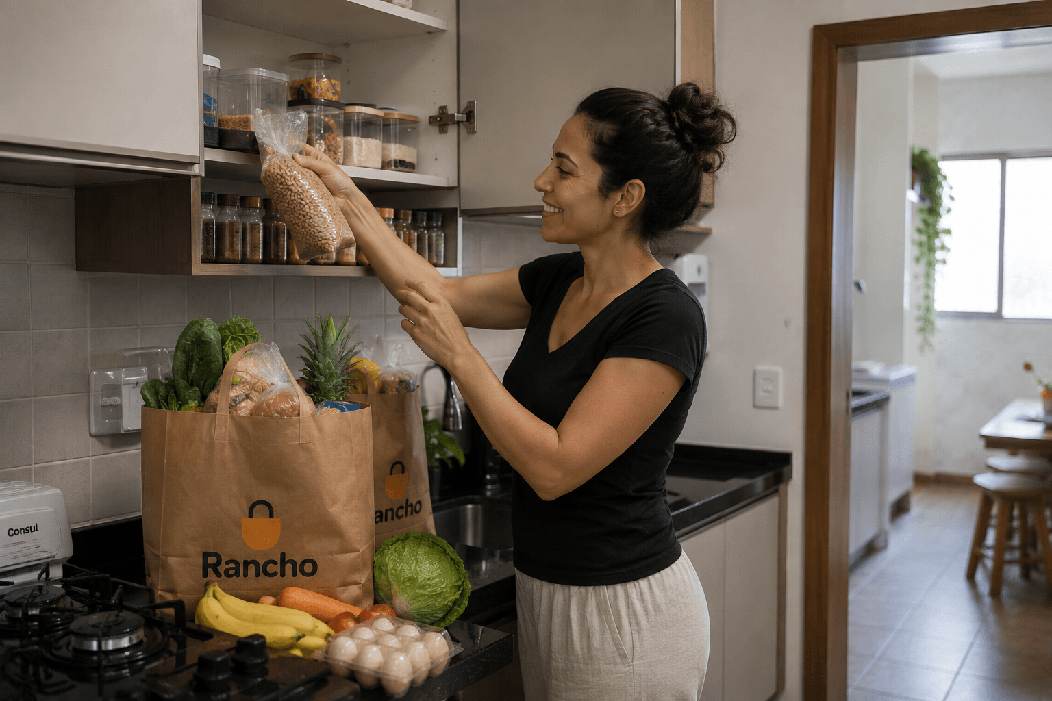 Cliente guardando as compras do Rancho em casa (placeholder)